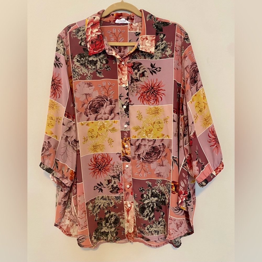 Cynthia Rowley Floral Patchwork Button-Up Blouse 3/4 Sleeves Size 2X
